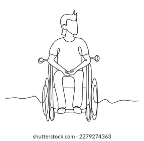 Un hombre en silla de ruedas. Persona con discapacidad. Una persona con necesidades especiales. Dibujo de una línea. Día Internacional de las Personas con Discapacidad. Ilustración del vector