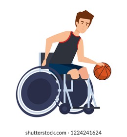 man in wheelchair playing basketball