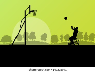 Man in wheelchair playing basketball, disabled person vector background concept