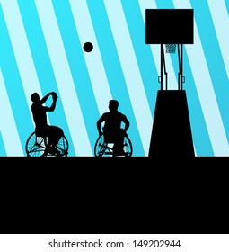 Man in wheelchair playing basketball, disabled person vector background concept