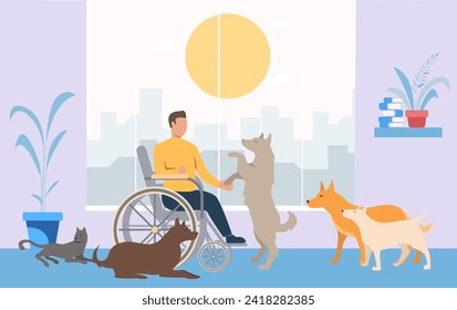 Man in wheelchair playing with dogs vector illustration. Animal-assisted therapy, therapeutic effects of animals concept