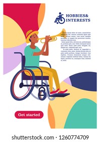 A man with a wheelchair playing the trumpet. The concept of a society and a community of persons with disabilities. Hobbies, interests, lifestyle of people with disabilities. 