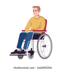 Man in wheelchair semi flat RGB color vector illustration. Disabled, handicapped person. Recovery period. Rehabilitation. Psychology consultation. Isolated cartoon character on white background