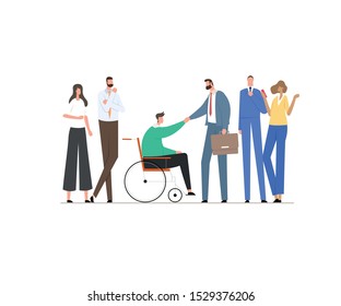 man in a wheelchair shakes hands with a business partner or boss in a suit. Business Character Meeting. possible situation from life. Flat Vector Illustration