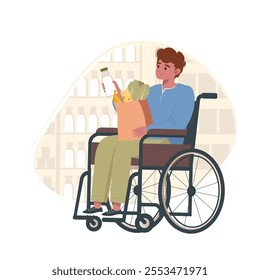 Man in wheelchair is shopping. Male character efficiently tackles household chores. Person with disability buying food or groceries at the mall. Vector Illustration isolated on white background. 