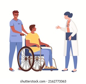 Der Mann im Rollstuhl spricht mit dem Therapeuten. Paramedic begleitet Behinderte. Der Arzt spricht Empfehlungen an den Patienten aus. Rehabilitation Behandlung, Anpassung, Unterstützung. Vektorgrafik-Illustration.