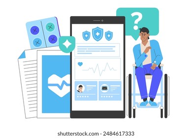 Un hombre en silla de ruedas usando un App en una tableta rodeado de íconos de la salud. Concepto de asistencia sanitaria accesible y soluciones digitales de salud. Ilustración plana de Vector.