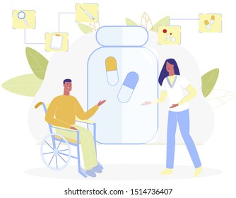 Man in Wheelchair, Woman Nurse, Red Cross Symbol Vector Illustration. Medical Signs Healthcare Concept. Handicap Disabled Person. Physical Therapy, Medication, Treatment, Rehabilitation