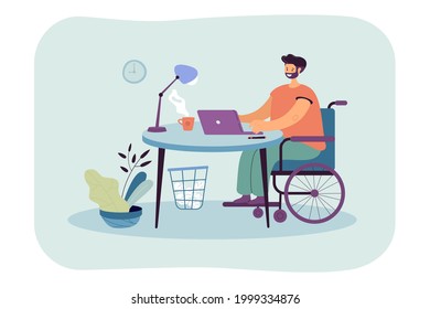 Hombre en silla de ruedas trabajando y comunicándose en línea. Ilustración vectorial plana. Hombre discapacitado que disfruta de la accesibilidad a la vida normal debido a la computadora. Lugar de trabajo, independiente, inválido, concepto de tecnología