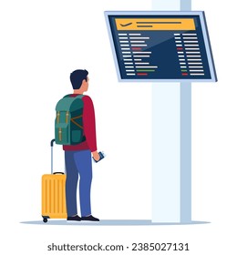 Man with wheeled suitcase and backpack looks at the departures board at airport. Passenger in airport waiting room or departure lounge with information panel. Travel concept. Vector illustration