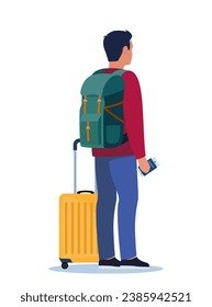 Man with wheeled suitcase and backpack stand with passport and ticket in her hand. Passenger in airport stands with back half turned. Travel concept. Vector illustration