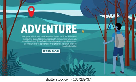 a man while climbing the mountain hill through the forest in dark green style-destination on the mountain 