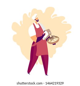 A man whipping dough or custard and making confections. Confectionery craft process. Flat illustration for advertising, cafe windows,leaflets, flyers, stickers, invitation to cooking courses