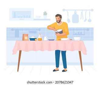 Man whisk dough. Chef cooking bakery in kitchen, husband apron flour eggs, father preparing homemade cake confectionery cookie pastry breakfast, flat vector. Illustration of male preparation bake