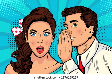 Man whispering gossip or secret to his girlfriend or wife. Colorful vector illustration in pop art retro comic style. 
