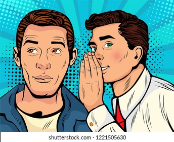 Man Whispering Gossip Or Secret To His Friend. Colorful Vector Illustration In Pop Art Retro Comic Style. 