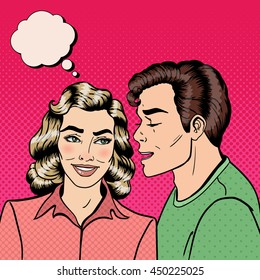 Man Whispering Secret to his Girlfriend. Happy Couple. Pop Art. Vector illustration