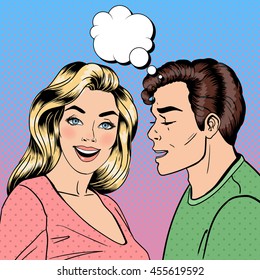 Man Whispering Secret to his Girlfriend. Happy Couple. Pop Art. Vector illustration