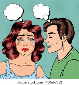 Man Whispering Something to his Crying Girlfriend. Pop Art. Vector illustration