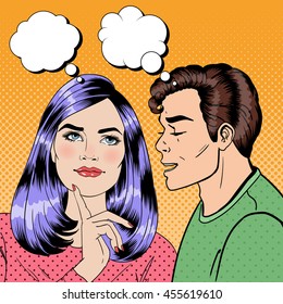 Man Whispering Something to his Girlfriend. Happy Couple. Pop Art. Vector illustration
