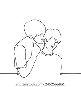 man whispers in another's ear standing behind him - one line art vector. concept of male friends gossiping, gay couple flirting and seducing. Hand made vector not AI