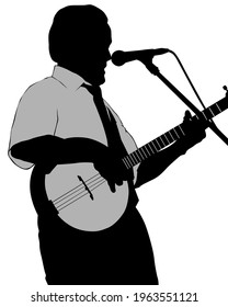 Man whit banjo guitar perform on stage. Isolated silhouettes of people on a white background