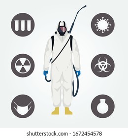 A man in white anti-virus chemical protection and a set of coronavirus icons. Flat vector illustration.