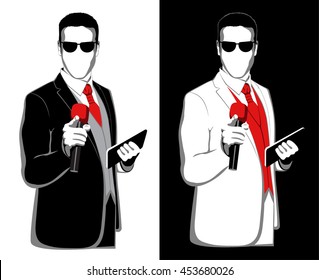 Man in white black suit in sunglasses with microphone in hand and a tablet, a leading events and celebrations, toastmaster at a wedding, animator, announcer, presenter