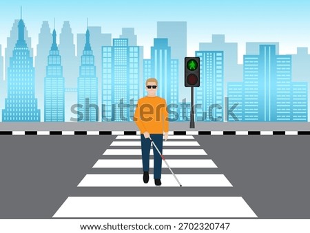 ฺBlind Man with White Cane Walking across Crosswalk in the city. Crosswalk. Pedestrian Crossing Road. Zebra Crossing. Vector Illustration.