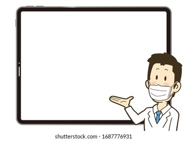 A man in a white coat explaining in front of the screen of a large tablet. Vector illustration on white background.