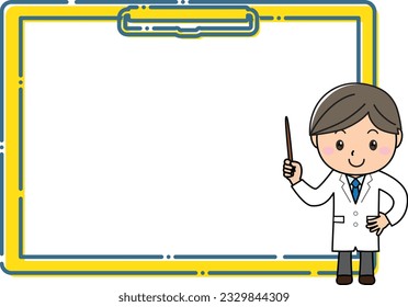 A man in a white coat explaining with a pointing stick in front of a large clipboard frame