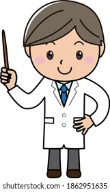 A man in a white coat giving a lecture and explanation with a pointer