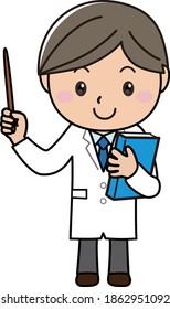 A man in a white coat giving a lecture,explanation with a pointer and a book