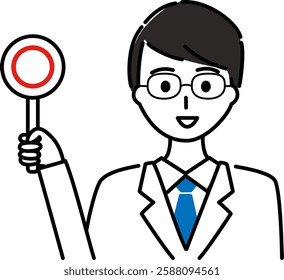 A man in a white coat holding a circle sign