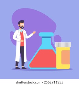 Man in white coat and lab glasses with huge test flask and jar with pills vector illustration. Male scientist working in laboratory. Science, experiment, modern technology in medicine concept