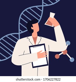 Man in white coat looking at a flask. Scientist with document case. Scientist in laboratory coat conducting experiments in laboratory. Male researcher in chemical lab. Flat vector illustration
