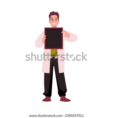 Man in white coat pointing to black empty board in his hands. Guy draw attention to blank banner. Template for advertising, information notice. Character isolated flat vector illustration.