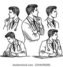 A man in a white coat is sitting at a desk with a pen and paper. He is thinking deeply, possibly contemplating a difficult decision or problem. Concept of seriousness and concentration