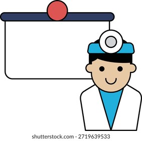 A man in a white coat is smiling and standing in front of a white board. The board has a blank space, which could be used to write a message or a title. Concept of professionalism and positivity