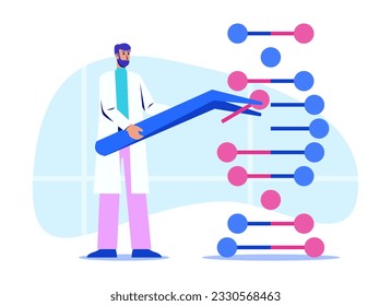 Man in white coat splitting DNA code with tweezers in laboratory. Production of substances in laboratory. Flat vector illustration in blue colors in cartoon style