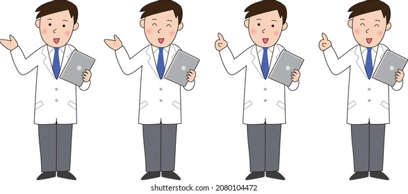 A man in a white coat who explains while holding a tablet, 4 patterns