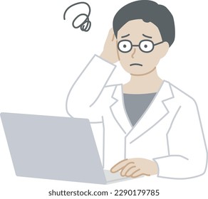 A man in a white coat who is worried about operating a personal computer