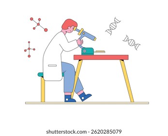 Man in white coat is working with a microscope in a laboratory, examining samples. Character design. Vector flat illustration