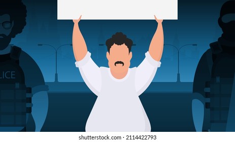 Un hombre con un cartel blanco vacío en sus manos. Concepto de protesta. ilustración vectorial. Estilo de caricatura.