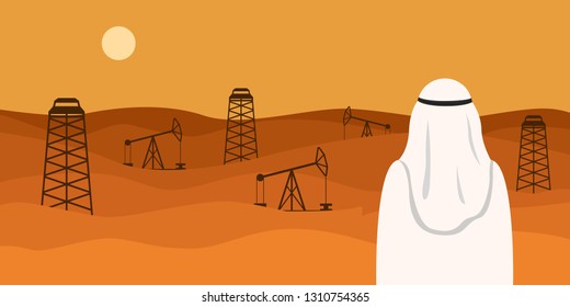 Man in white kandura looking at oil field in desert. Vector illustration.