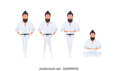 A man in a white kimono. Kung Fu master. Isolated on white background. Vector.