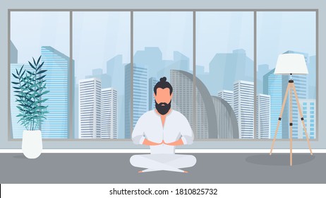 A man in a white kimono meditates. Kung Fu Master. The guy is doing yoga. Vector.