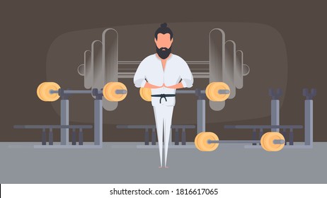 A man in a white kimono meditates. Kung Fu Master. A guy practicing yoga. Vector.