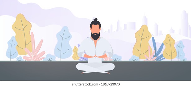 A man in a white kimono meditates in the park. Kung Fu Master. The guy is doing yoga in nature. Vector.