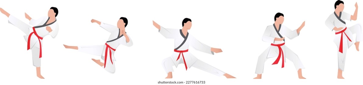 A man in a white kimono shows different fighting stances